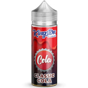 A 100ml bottle of Kingston Classic Cola e-liquid with a child-safe cap, indicating nicotine-free and suitable for all-day vaping.